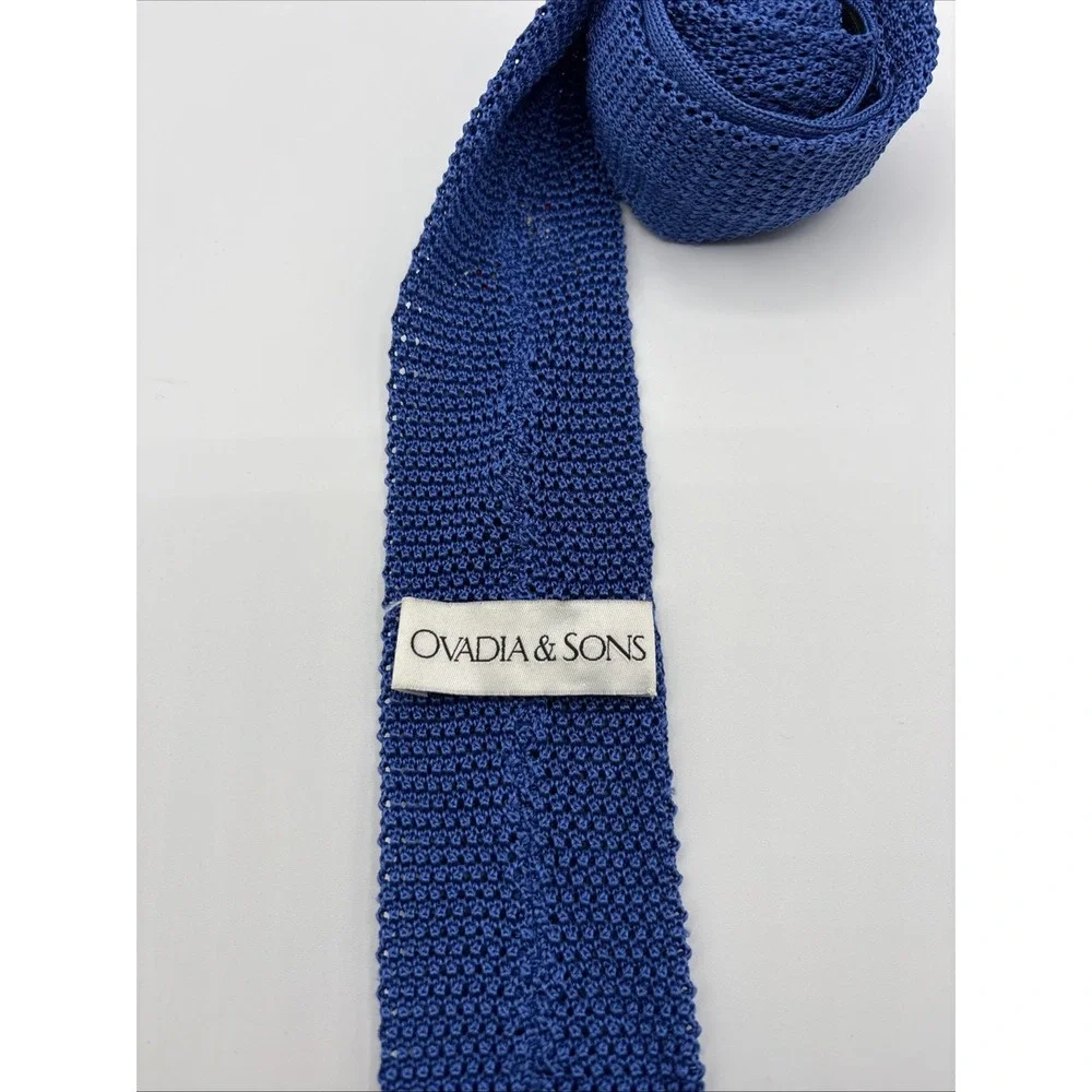 Ovadia & Sons Square Knit Tie Mens Blue Silk Sailboat Nauitcal Made In Italy